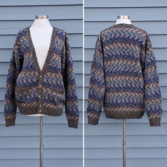 Vintage 90s y2k Zig Zag Woodsy Brown Blue Button Down V Neck Cardigan Sweater Lg